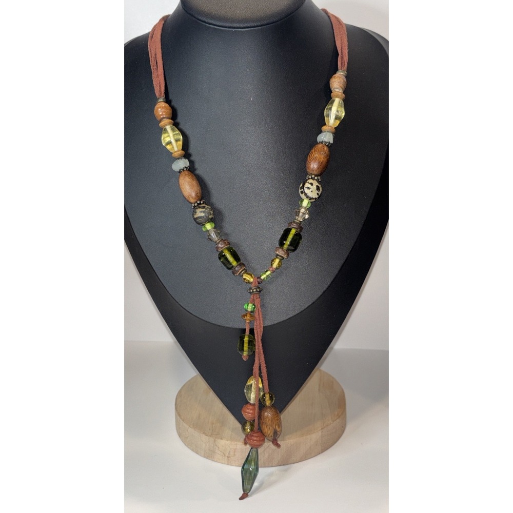 Avenue Boho Lariat Necklace Wood Bead Suede Green Acrylic Statement 22"